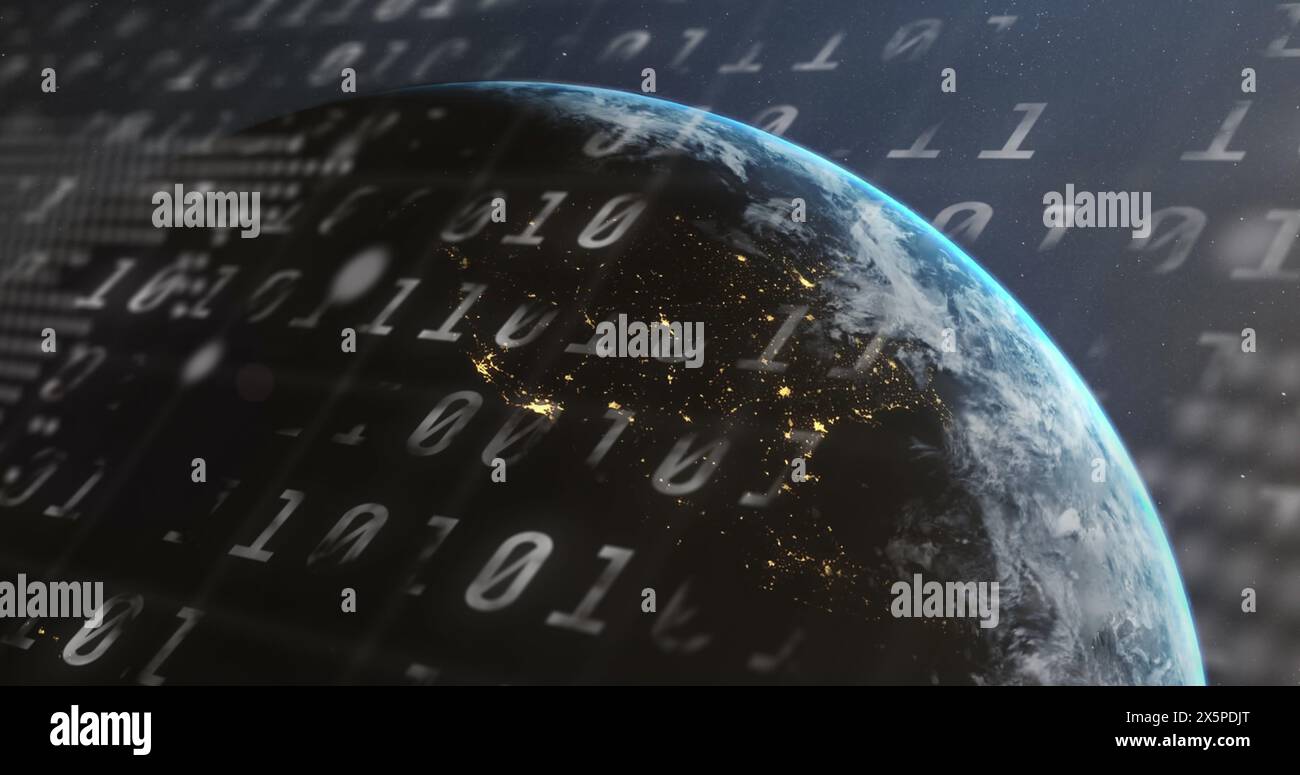Animation world map over binary hi-res stock photography and images - Alamy