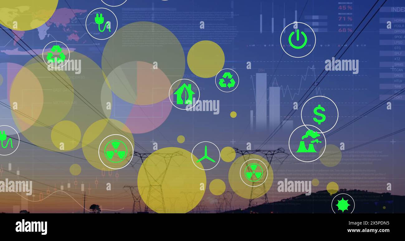 Image of ecology icons over data processing Stock Photo