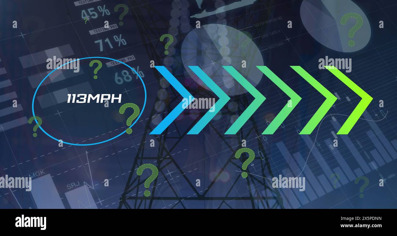 Image of data processing over arrows and pylon Stock Photo