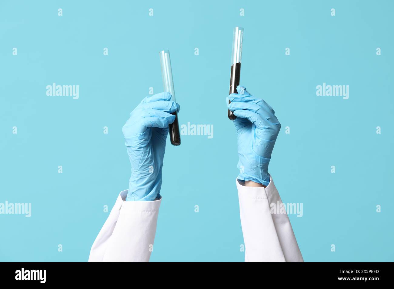 Scientist's hands holding test tubes with soil on blue background Stock ...