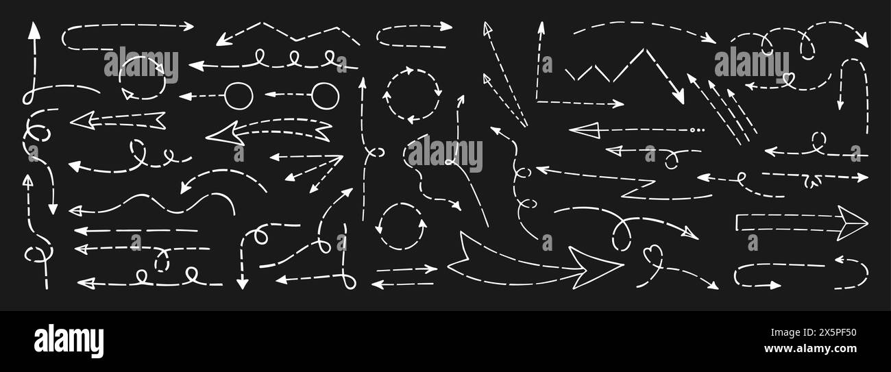 Dashed arrows hand drawn doodle set. Dotted pointers collection ideal ...
