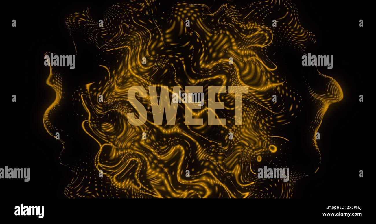 Image of sweet text over dynamic abstract pattern over black background Stock Photo