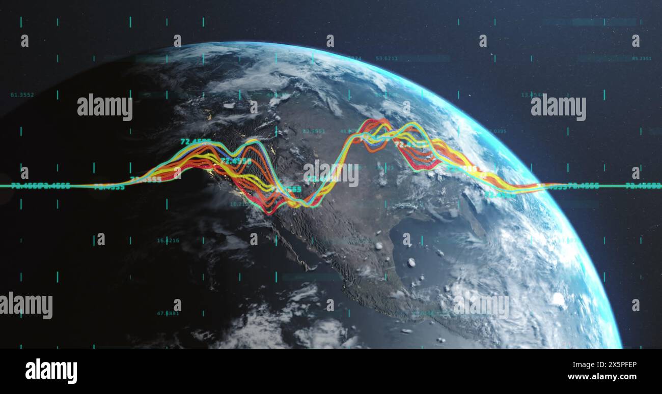 Image of financial data processing over globe Stock Photo