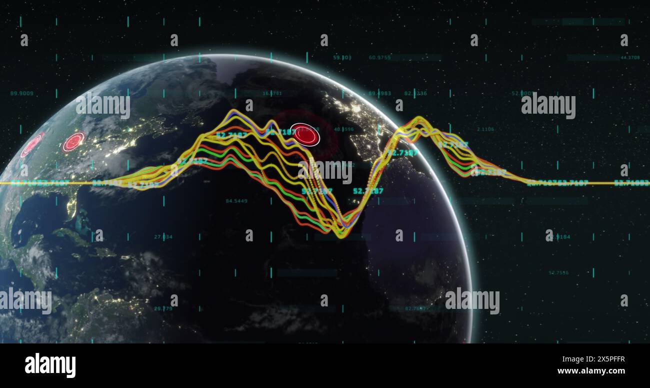 Image of financial data processing over globe Stock Photo