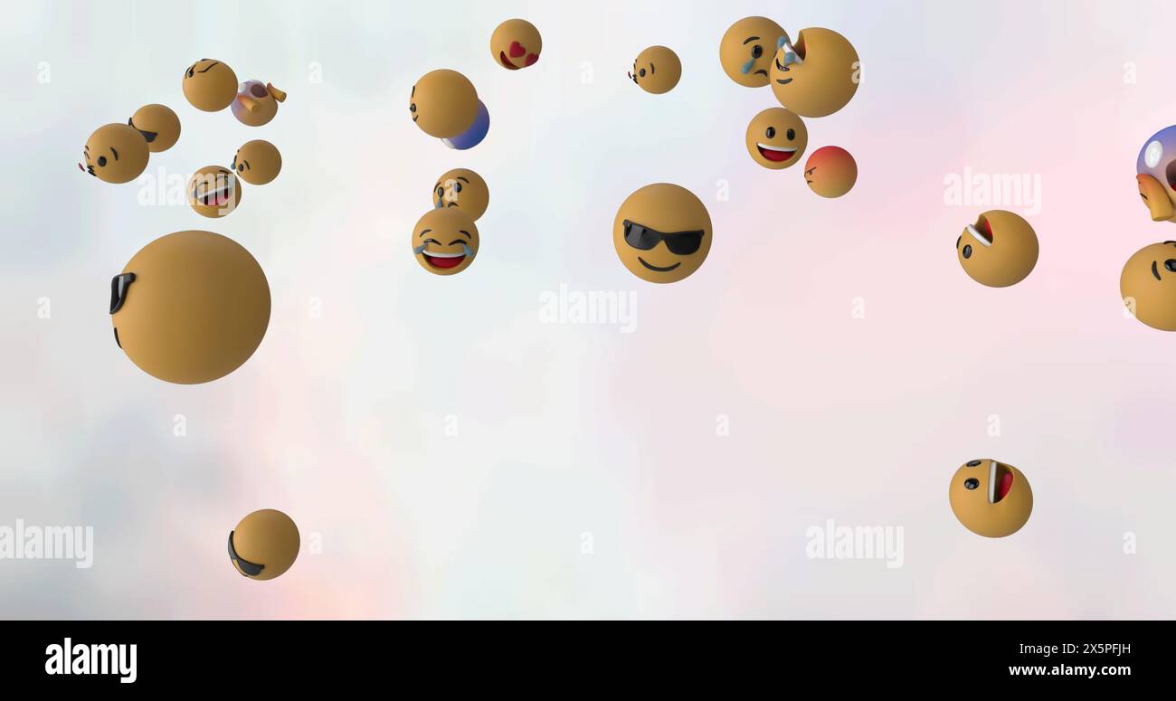Digital image of multiple face emojis floating over abstract texture on white background Stock Photo