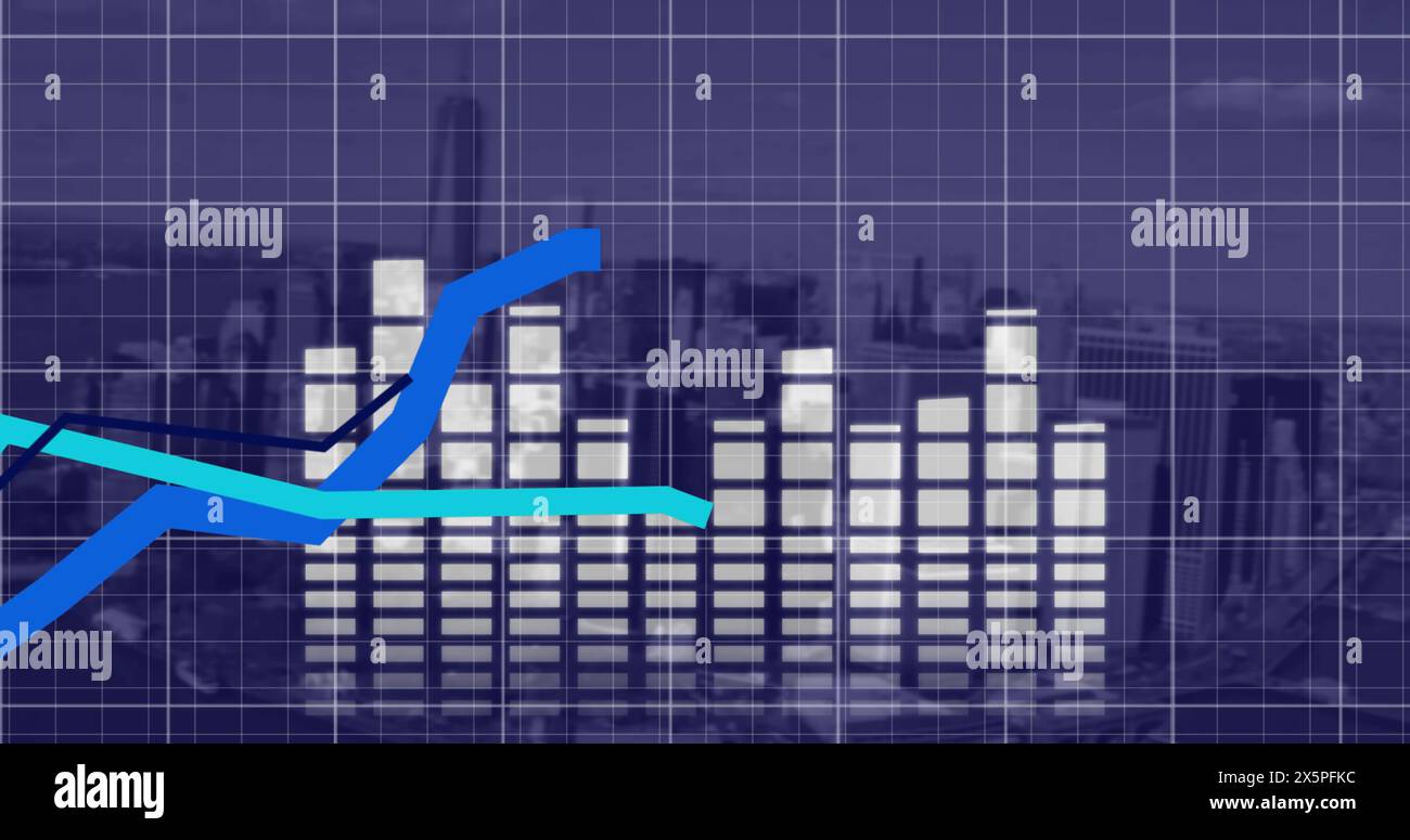 Blue line graph climbing over blue background bar chart Stock Photo - Alamy