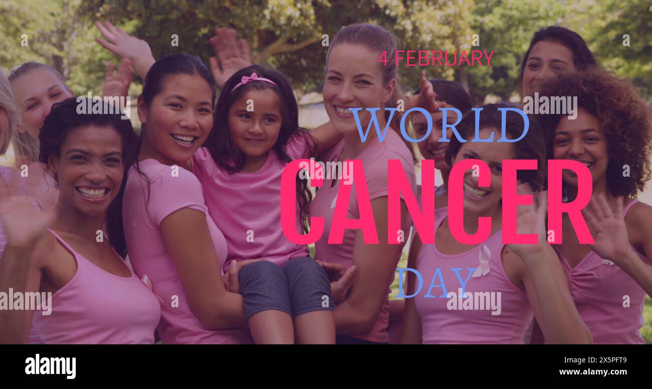 Image of world cancer day over happy diverse women waving at camera Stock Photo