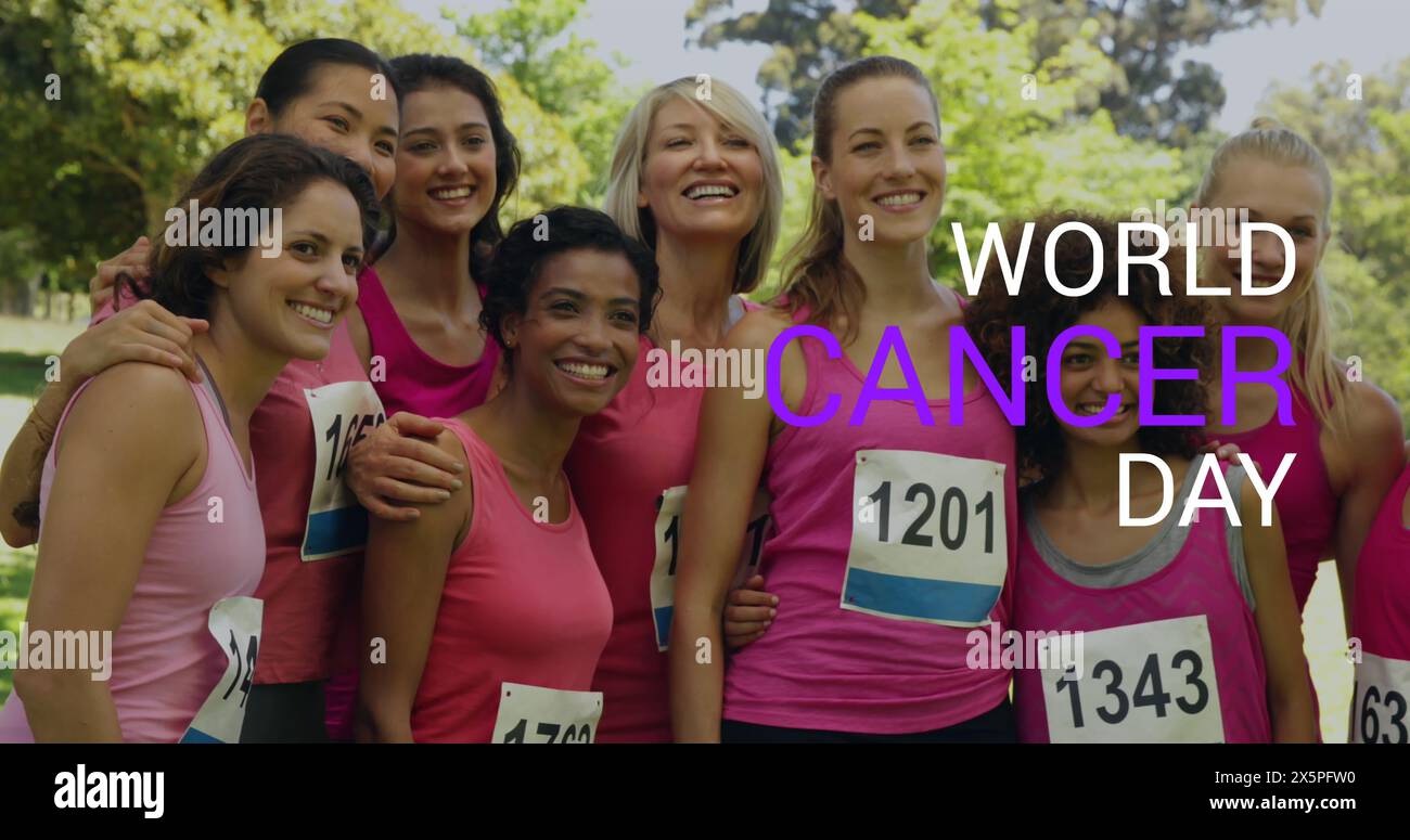Image of world cancer day over happy diverse sportswomen Stock Photo