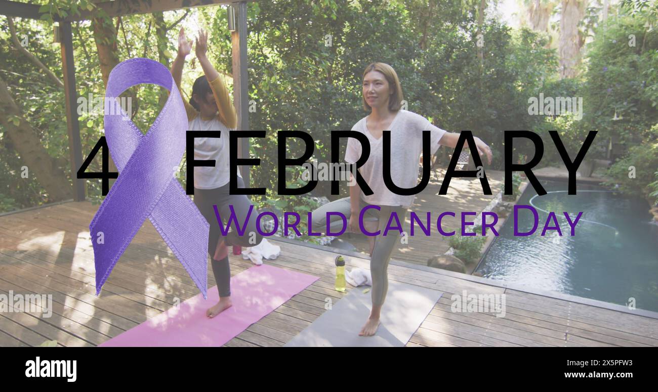 Image of world cancer day over diverse women practicing joga outdoors Stock Photo