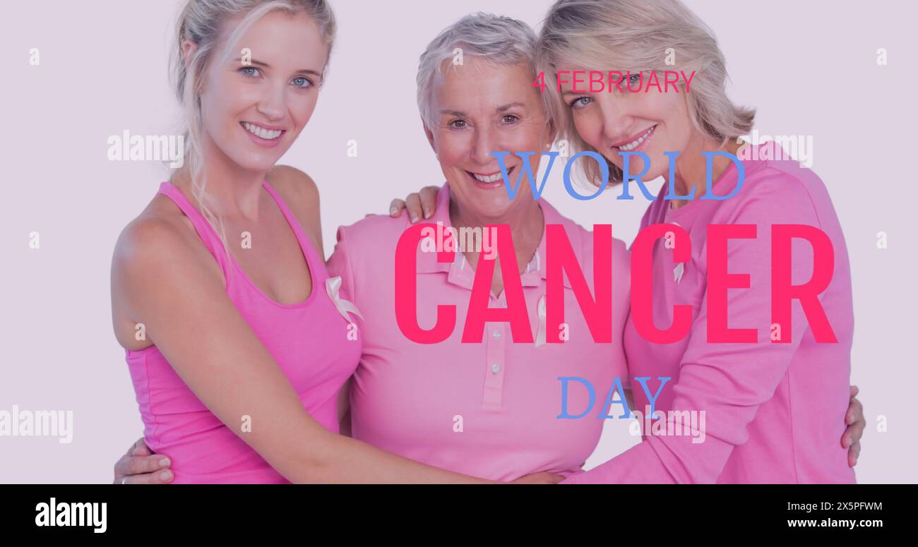 Image of world cancer day over happy caucasian grandmother, daughter and granddaughter Stock Photo