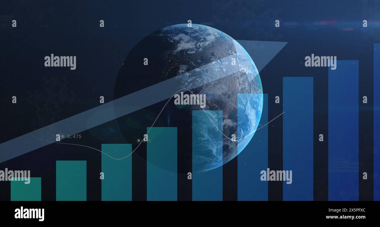 Image of statistics and data processing with blue arrow over globe Stock Photo
