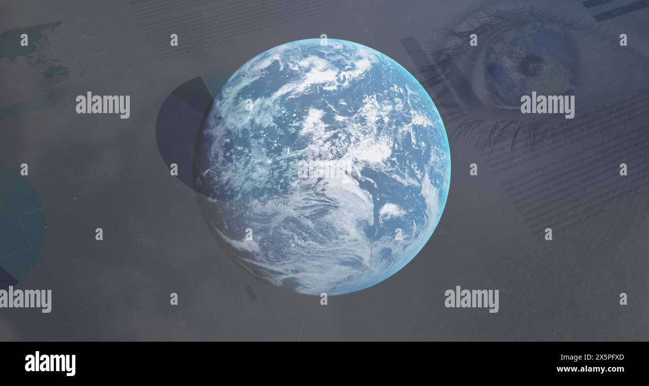 Image of statistics and data processing over globe Stock Photo