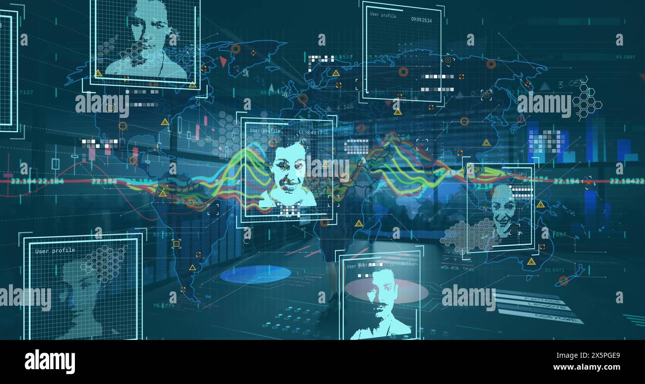 Digital animation world map graphs - Image Of Graphs Icons World Map And User Photos In Digital Office 2X5PGE9