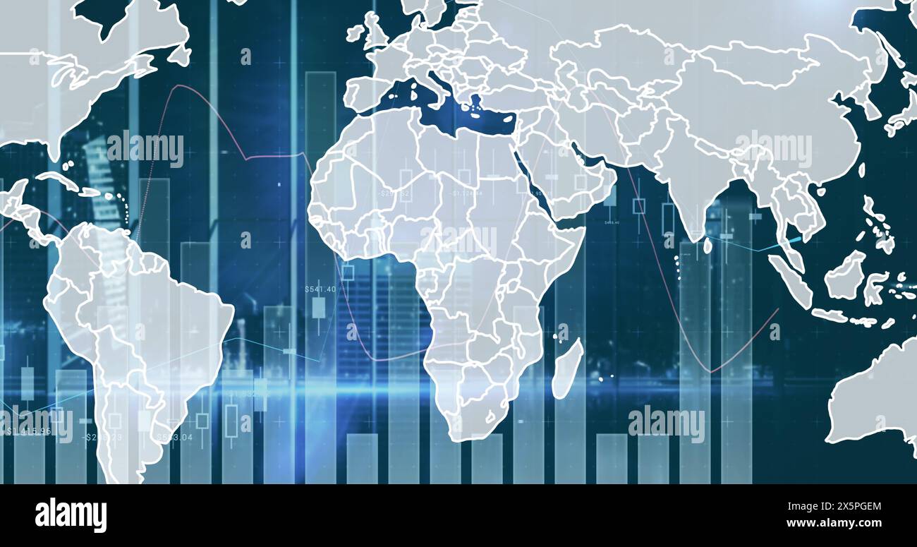 Digital animation world map graphs - Image Of Graphs And World Map On Blue Background 2X5PGEM