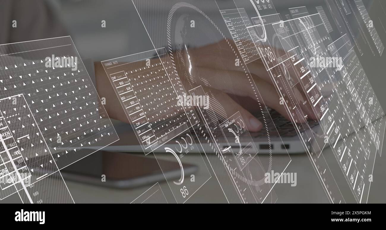 Image of data processing over hands using laptop Stock Photo