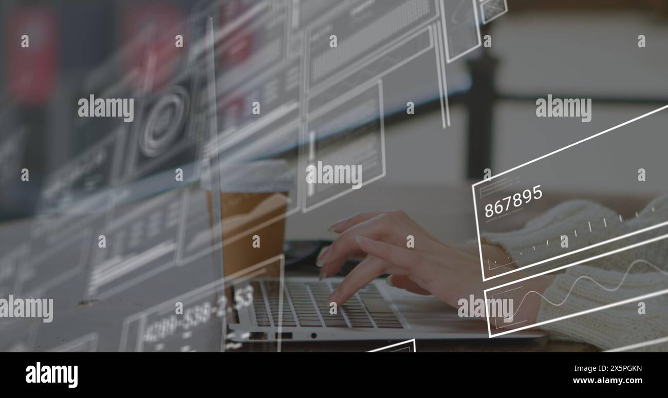 Image of data processing over hands using laptop Stock Photo