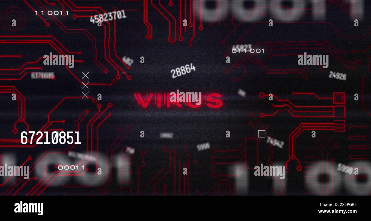 Image of multiple numbers, virus text and glitch technique over circuit board texture Stock Photo