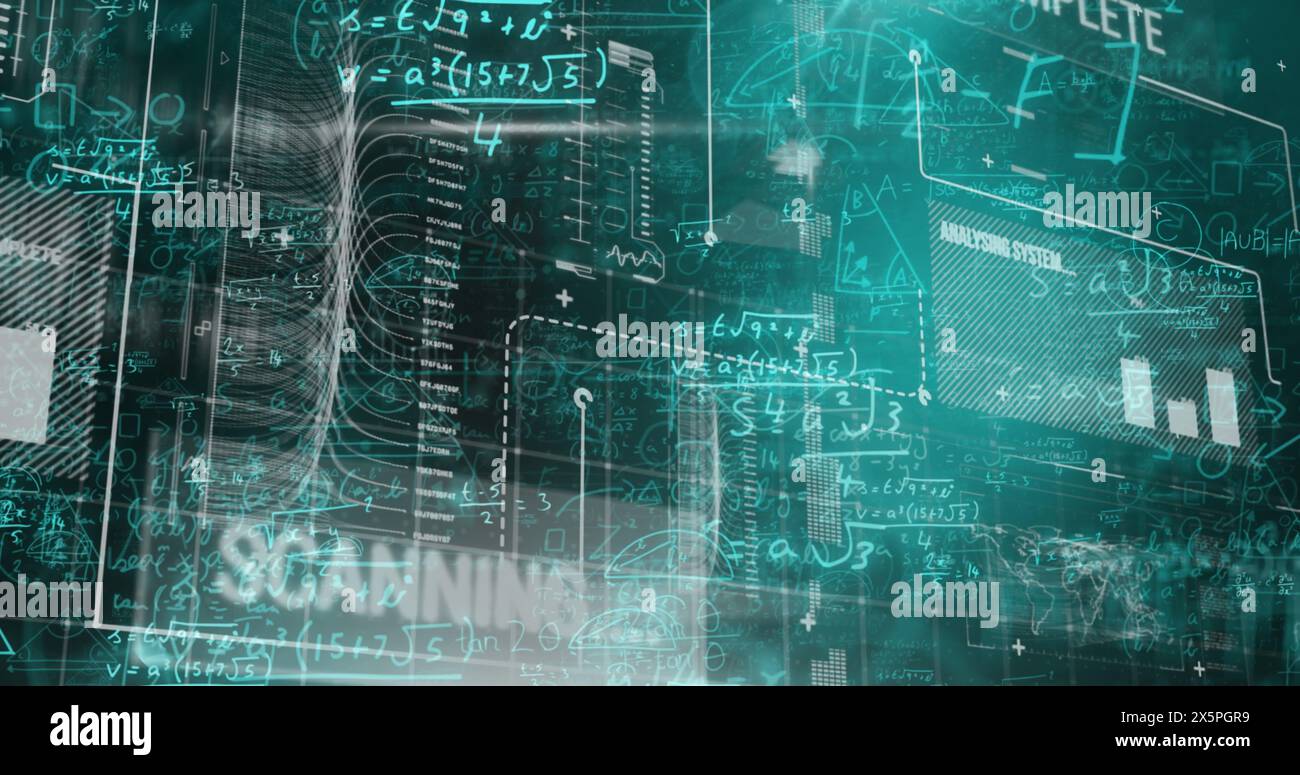 Image of data processing with mathematical equations on black background Stock Photo