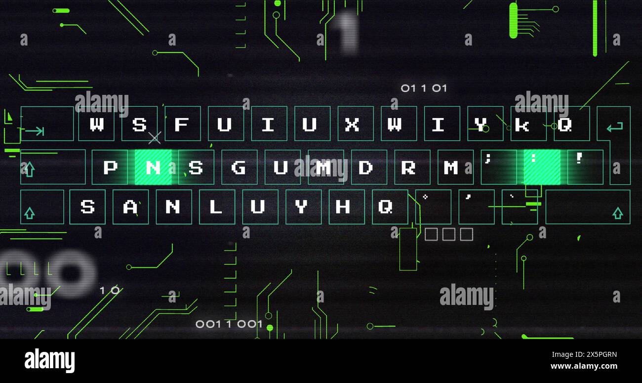 Image of abstract pattern moving on keyboard, glitch technique, binary codes and circuit board Stock Photo