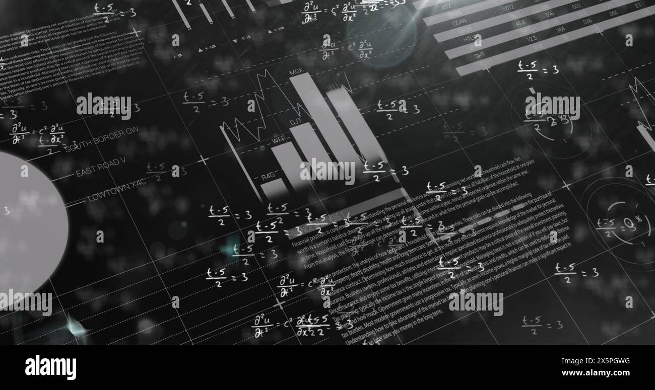 Image of mathematical equations over data processing Stock Photo