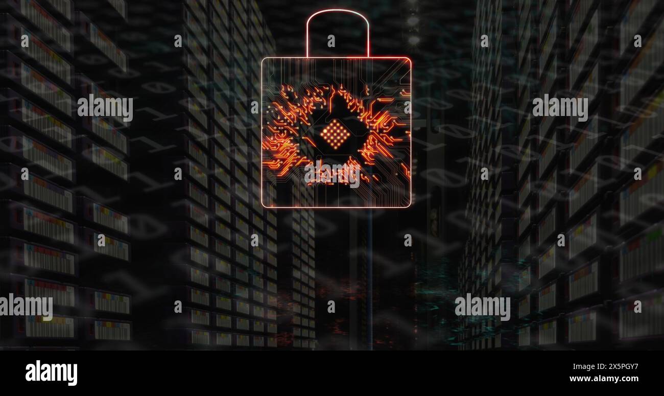 Image of neon qr code with dna strand and binary coding Stock Photo