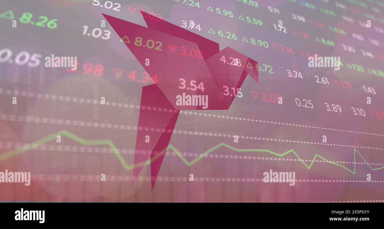 Image of financial data processing over pink paper bird Stock Photo