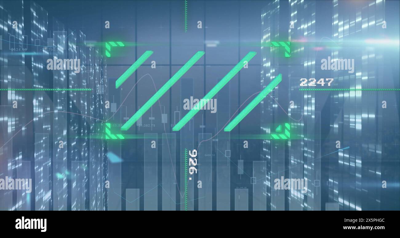 Image of financial data processing and moving columns over cityscape Stock Photo