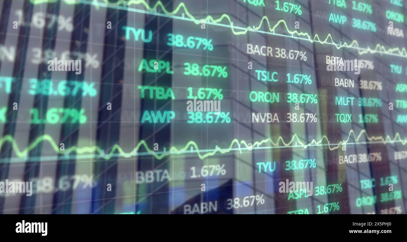 Image of statistical and stock market data processing against tall ...