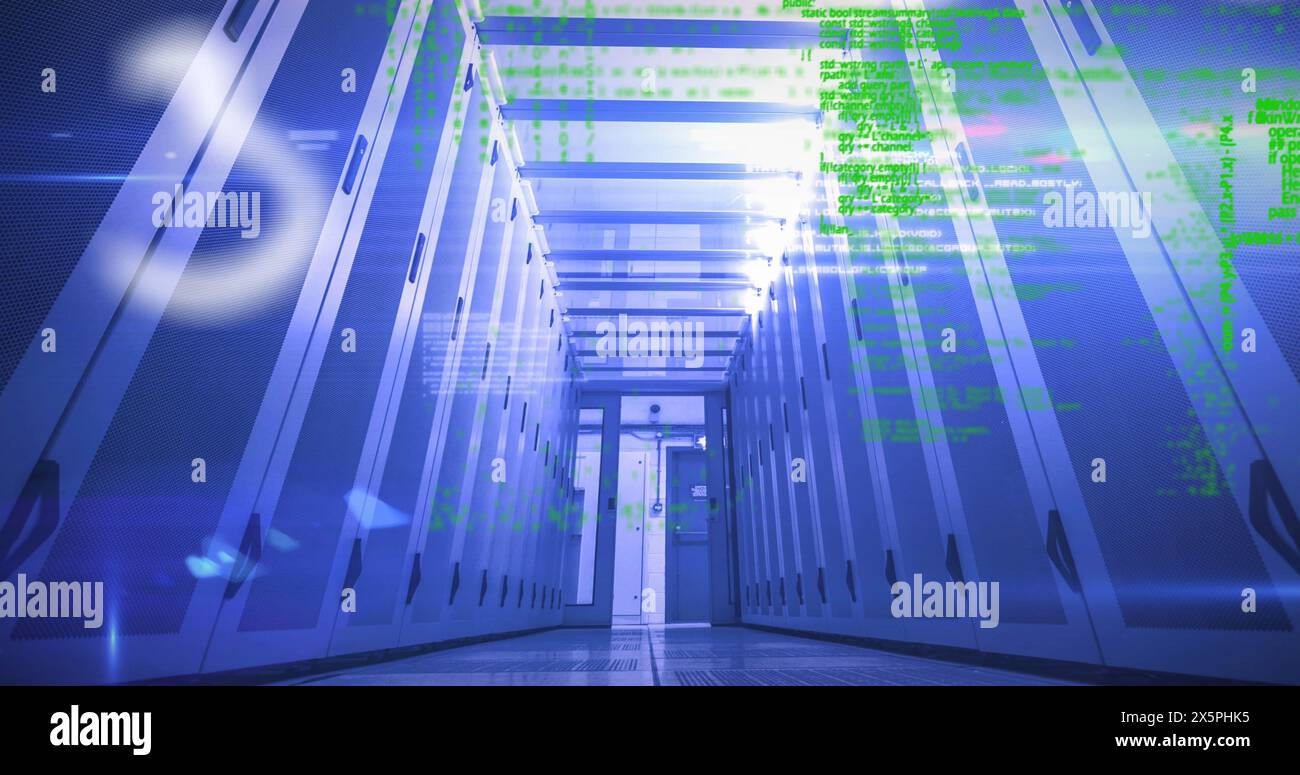 Image of mathematical equations and data processing over server room Stock Photo
