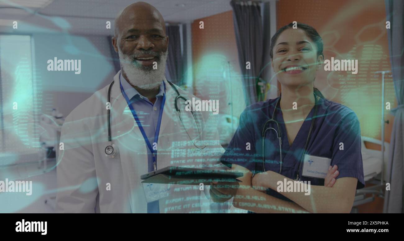 Image of scientific data processing over diverse doctors Stock Photo
