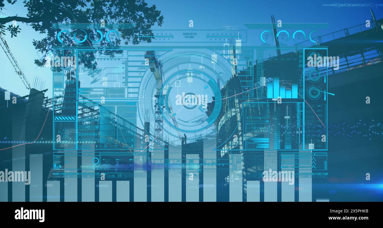 Image of data processing over cityscape Stock Photo