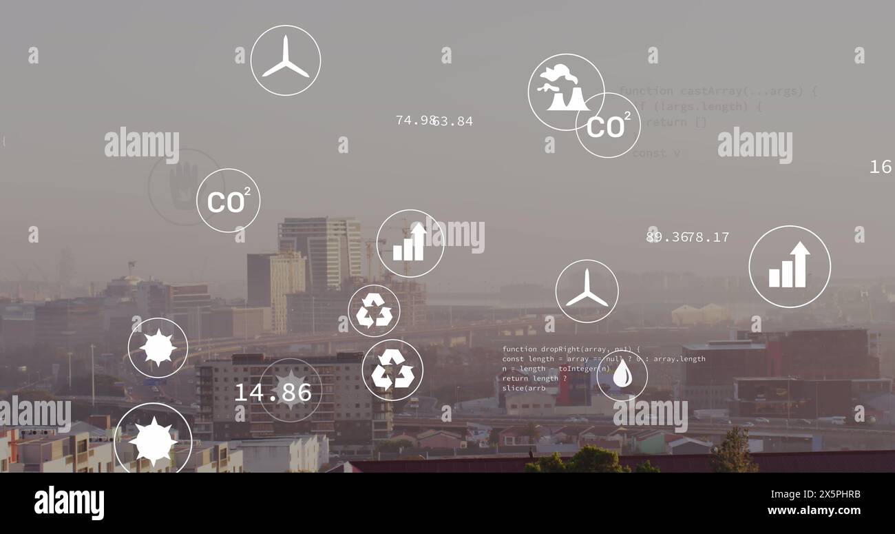 Image of eco icons and data processing over cityscape Stock Photo