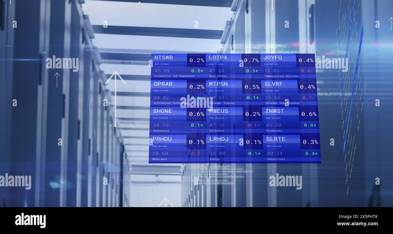 Image of computer servers, arrows and financial data processing Stock Photo