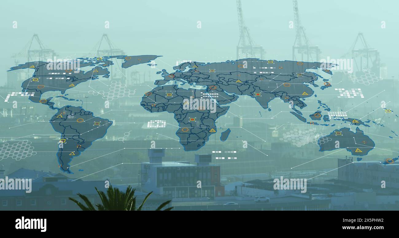 Image of data processing over world map against aerial view of ...