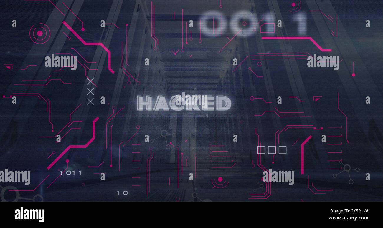 Image of hacked text, binary codes and computer language over low angle view of server room Stock Photo