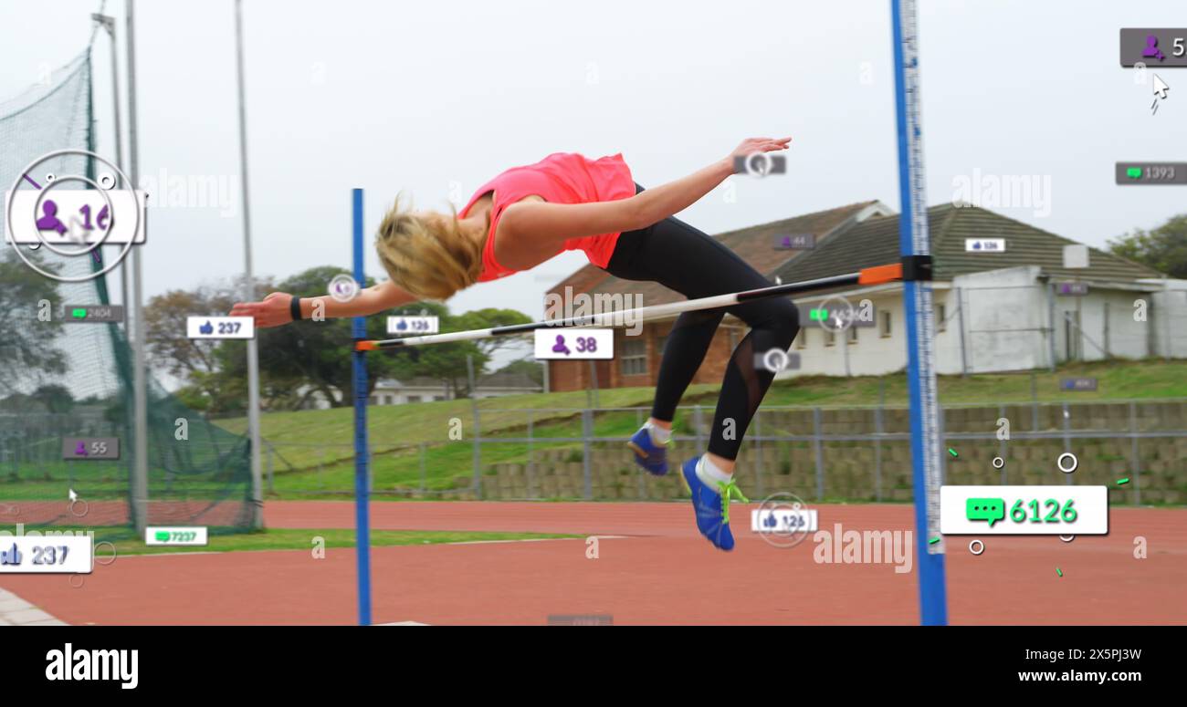 Image of notification bars over happy caucasian female high jumper achieving jump record Stock Photo