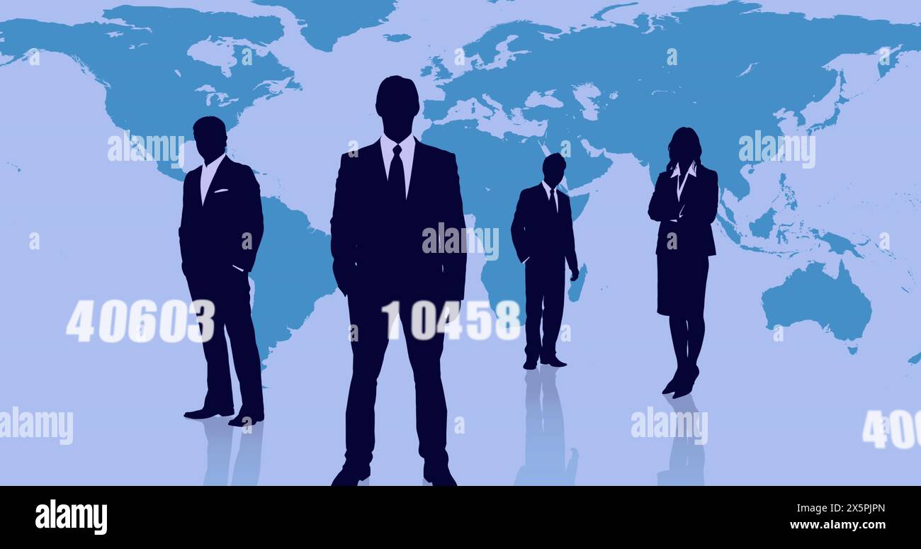Image of numbers and businesspeople silhouettes over world map on blue background Stock Photo
