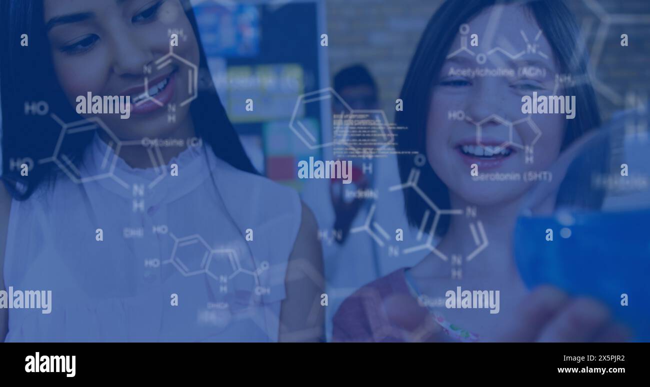 Image of data processing and chemical formula over diverse schoolchildren and teacher Stock Photo