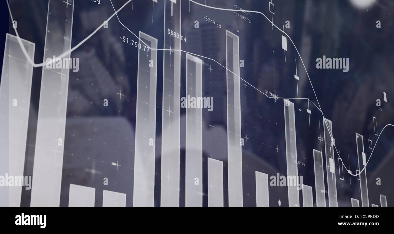 Image of statistics, data processing over cityscape Stock Photo