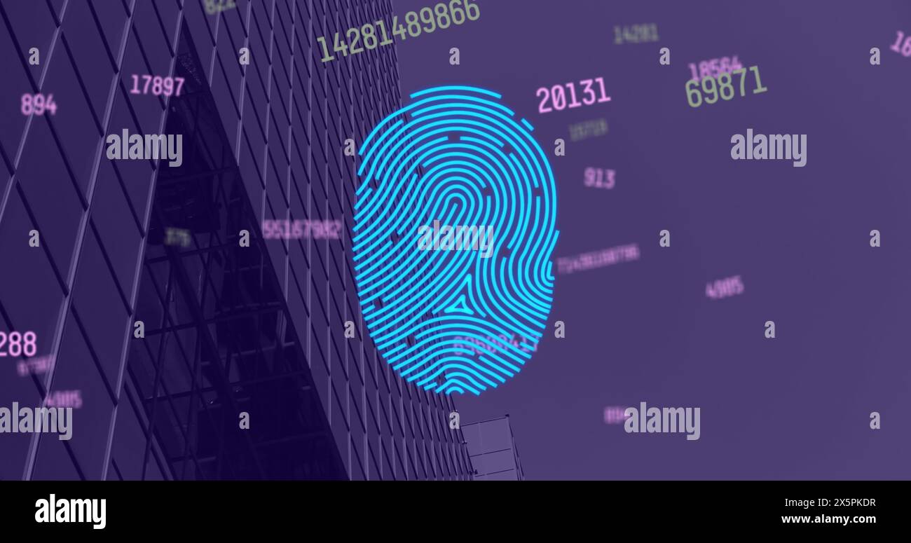 Image of fingerprint and data processing over cityscape Stock Photo