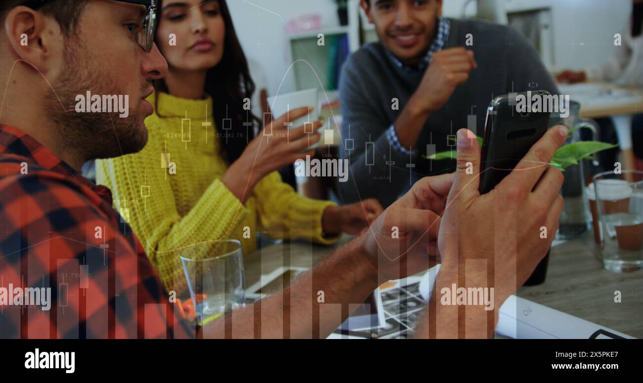 Image of statistical data processing over three diverse colleagues discussing over a smartphone Stock Photo