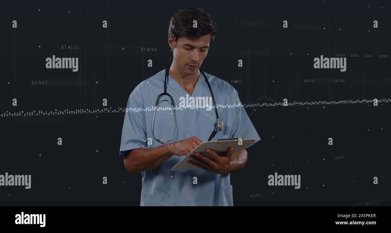 Image of statistics and data processing over male doctor Stock Photo