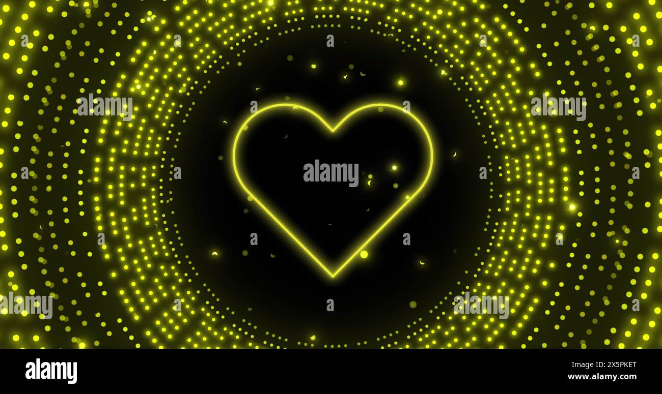 Image of neon heart over flashing yellow light pattern Stock Photo
