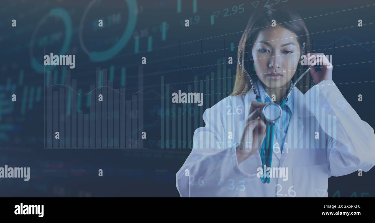 Image of statistics and data processing over female doctor Stock Photo