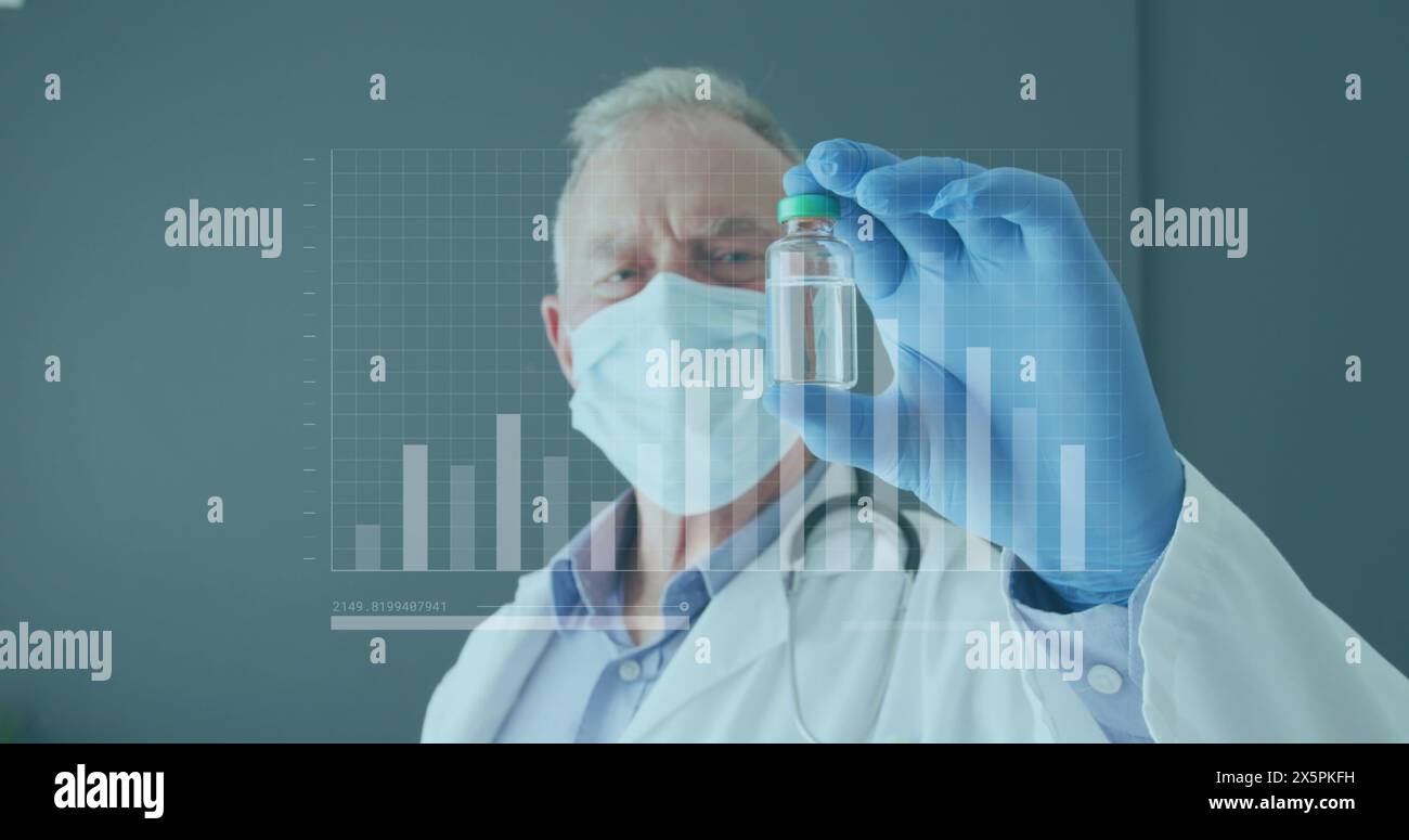 Image of bar graphs moving over senior caucasian doctor in mask shaking ...