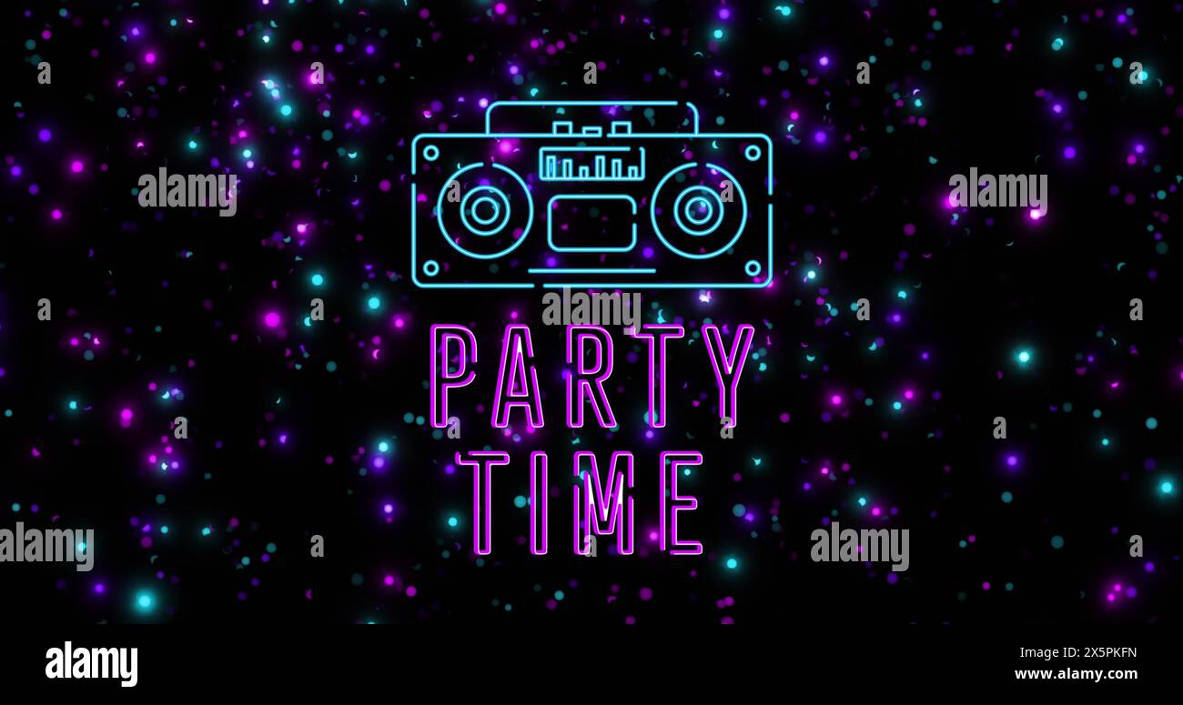 Image of party time text and radio icon over flashing blue and purple lights Stock Photo