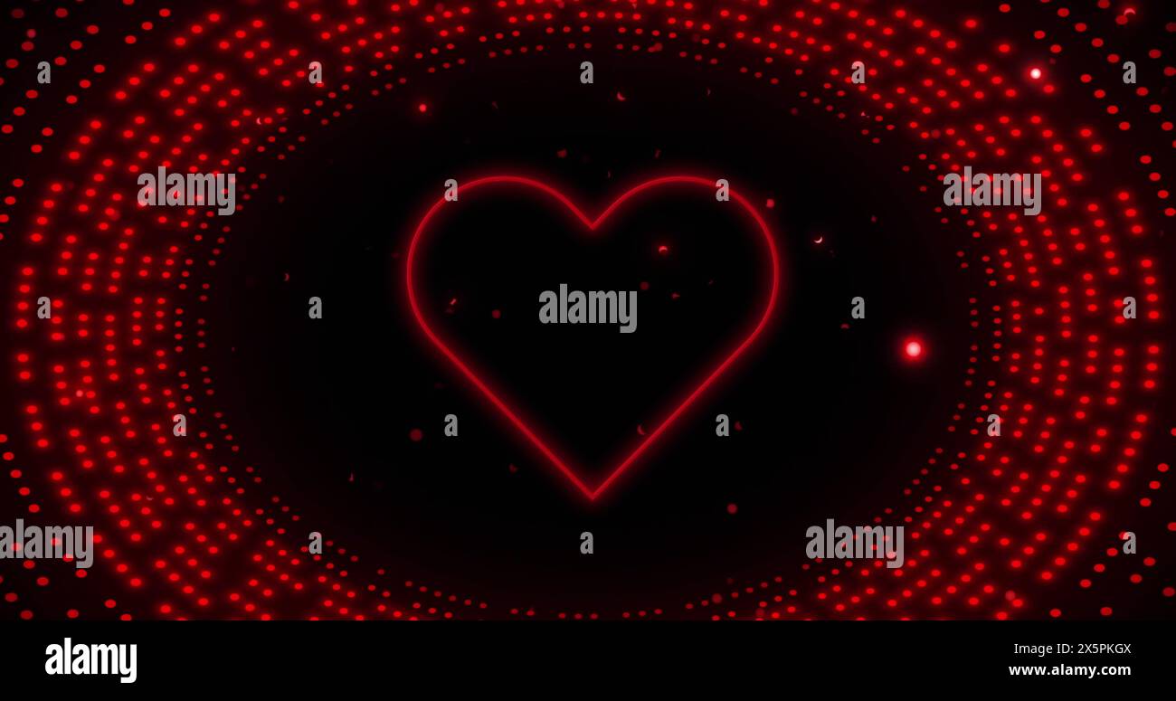 Image of neon heart over flashing red light pattern Stock Photo