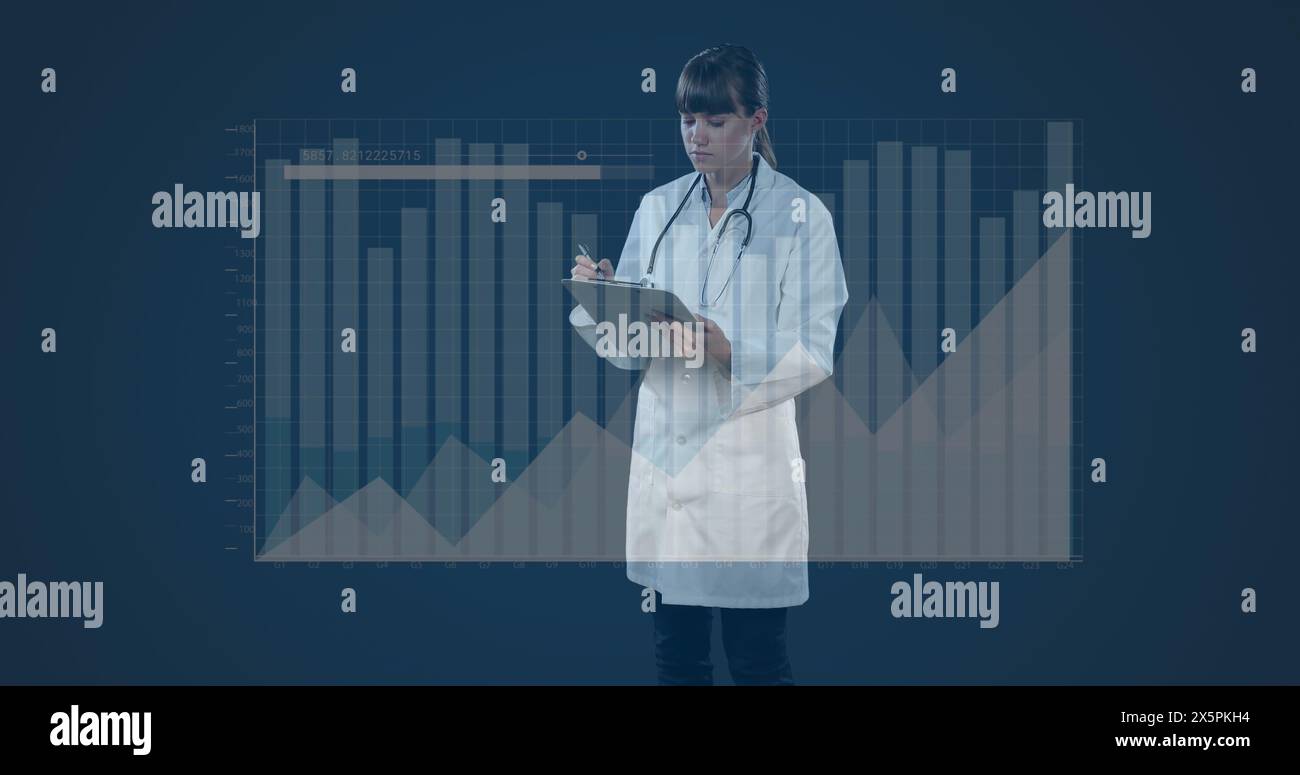 Image of statistics and data processing over female doctor Stock Photo