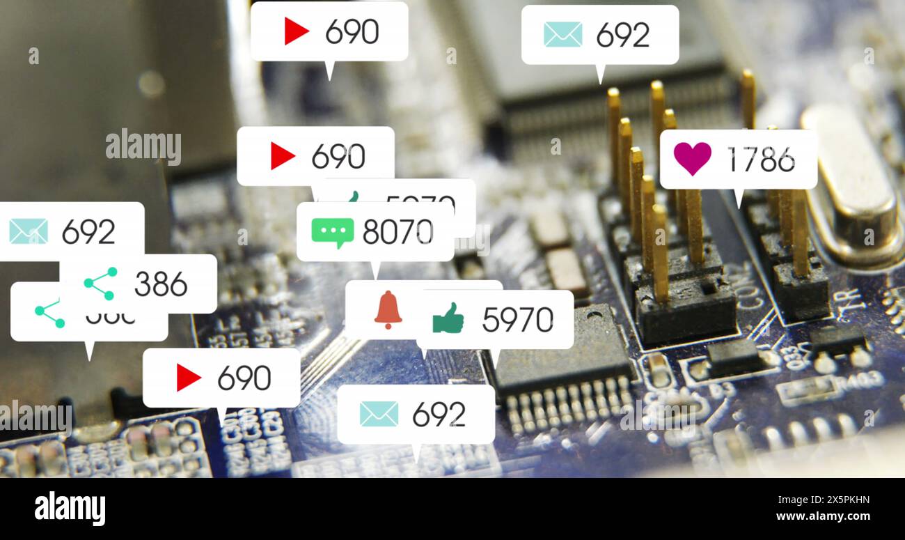 Image of multiple social media icons against close up of a motherboard ...