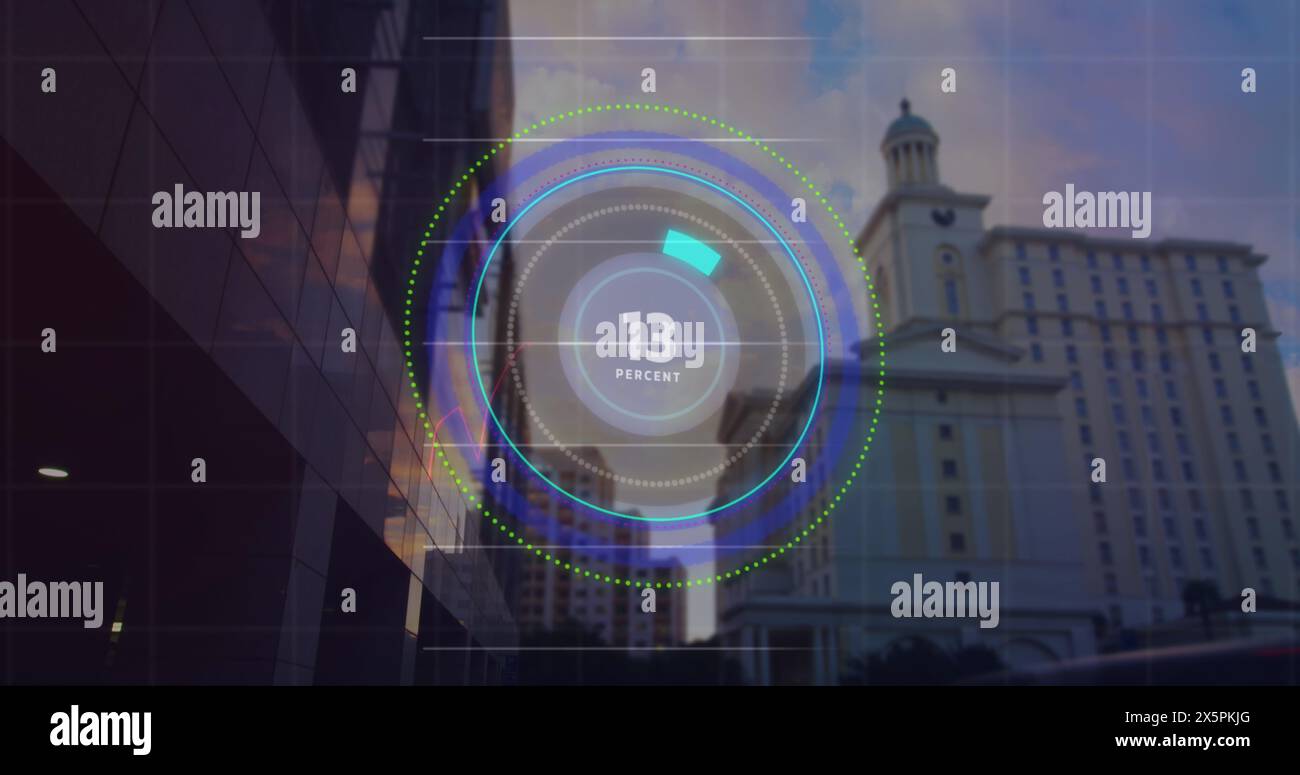 Image of scope scanning and data processing over cityscape Stock Photo